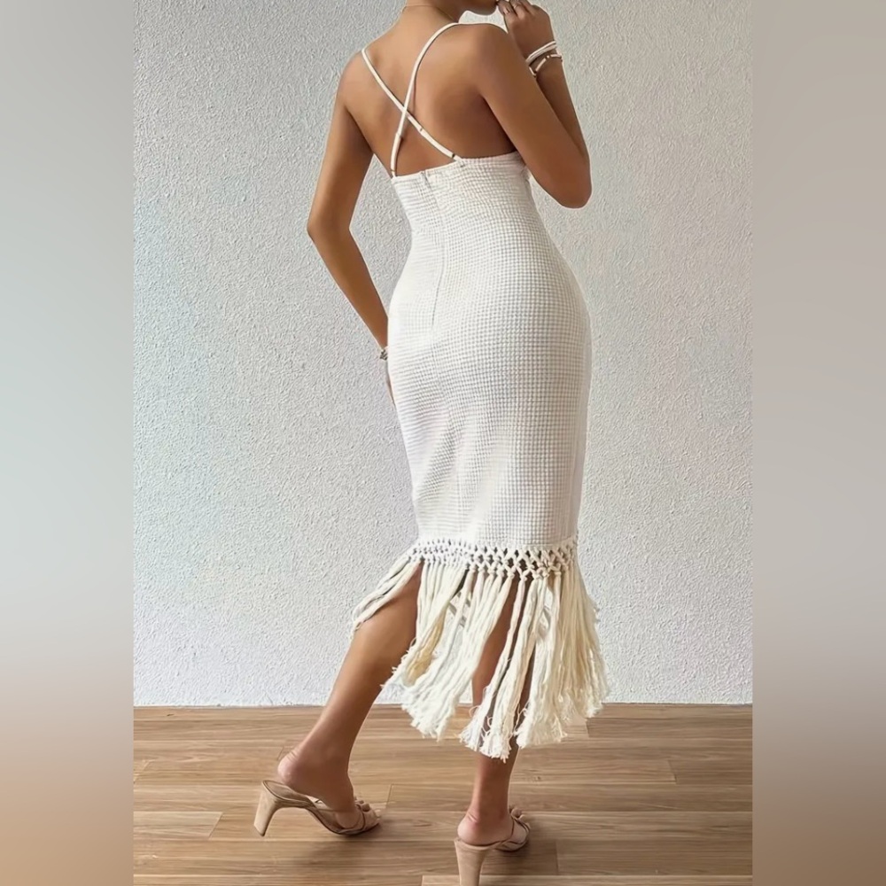 Elegant Cream Fringe with tassel details summer/ beach dress M - Picture 3 of 13